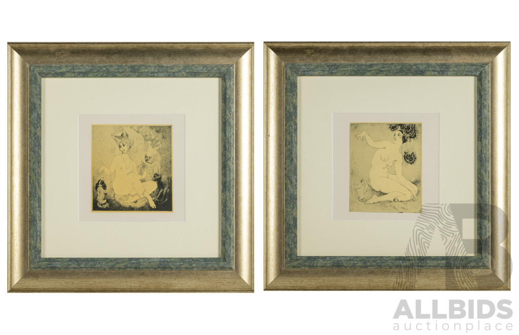 Norman Lindsay, (20th Century, Australian, 1879-1969), Dance, Puppet, Dance & Jealousy, Pair of Bookplates, 40 x 40 cm (frames) (2)