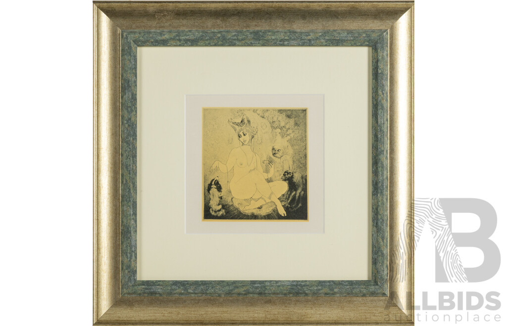 Norman Lindsay, (20th Century, Australian, 1879-1969), Dance, Puppet, Dance & Jealousy, Pair of Bookplates, 40 x 40 cm (frames) (2)