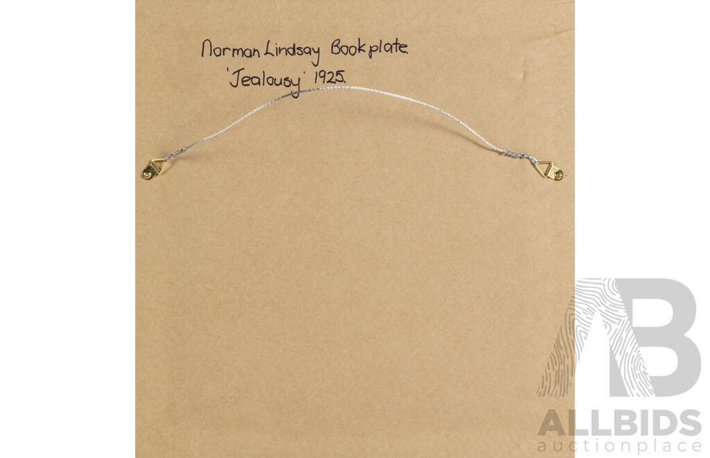 Norman Lindsay, (20th Century, Australian, 1879-1969), Dance, Puppet, Dance & Jealousy, Pair of Bookplates, 40 x 40 cm (frames) (2)