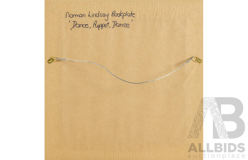 Norman Lindsay, (20th Century, Australian, 1879-1969), Dance, Puppet, Dance & Jealousy, Pair of Bookplates, 40 x 40 cm (frames) (2)