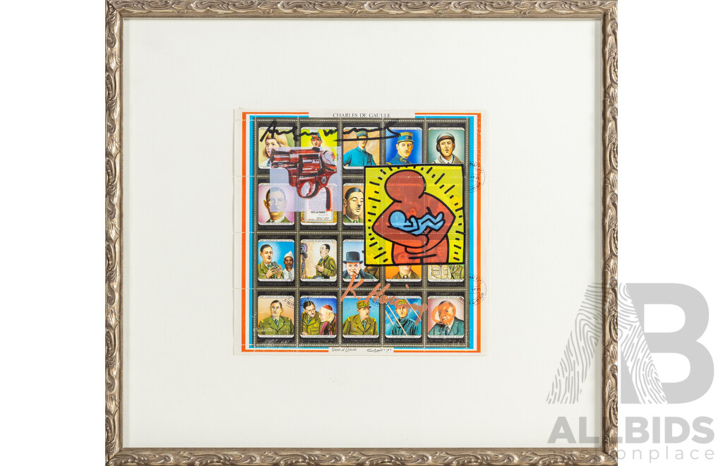 Keith Haring & Andy Warhol, (20th Century, American, 1958-1990 and 1928-1987), Charles De Gaulle Stamps with Gun & Mother and Child, Embellished Stamp Sheet, 39 x 42 cm (frame)