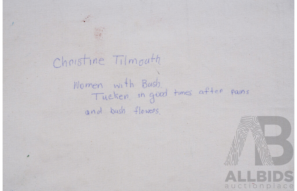 Christine Tilmouth, (20th Century, Australian-Indigenous), Women with Bush Tucker in Good Times After Rains and Bush Flowers, Acrylic on Canvas, 59 x 46 cm (edge to edge)