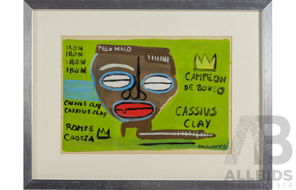 (After) Jean-Michel Basquiat, (20th Century, American, 1960-1988), Cassius Clay, Coloured Paint on Paper, 32 x 42 cm (frame)