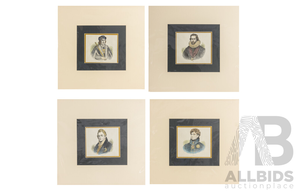 Artists Unknown, (19th Century) Kings of England - William IV, George IV, James I and Henry VI, Collection of Four Antique Hand Coloured Steel Engravings, 42 x 44 cm (with mat boards) (4)