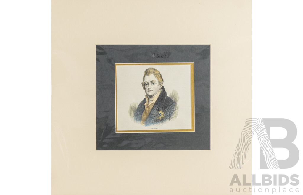 Artists Unknown, (19th Century) Kings of England - William IV, George IV, James I and Henry VI, Collection of Four Antique Hand Coloured Steel Engravings, 42 x 44 cm (with mat boards) (4)