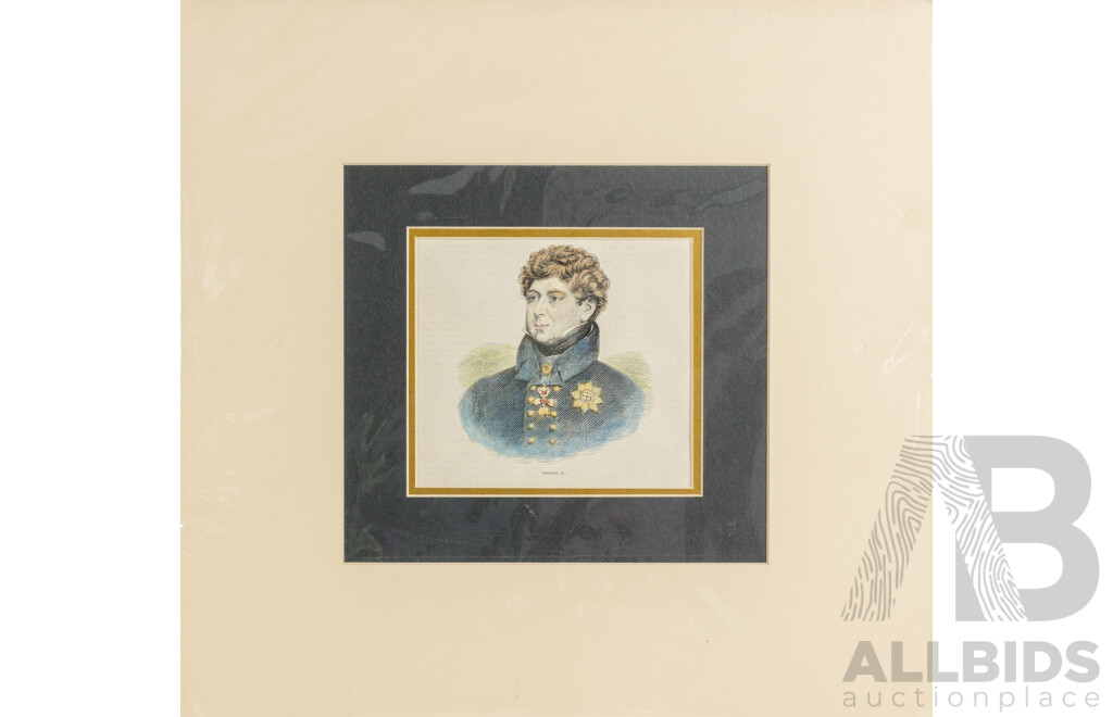 Artists Unknown, (19th Century) Kings of England - William IV, George IV, James I and Henry VI, Collection of Four Antique Hand Coloured Steel Engravings, 42 x 44 cm (with mat boards) (4)