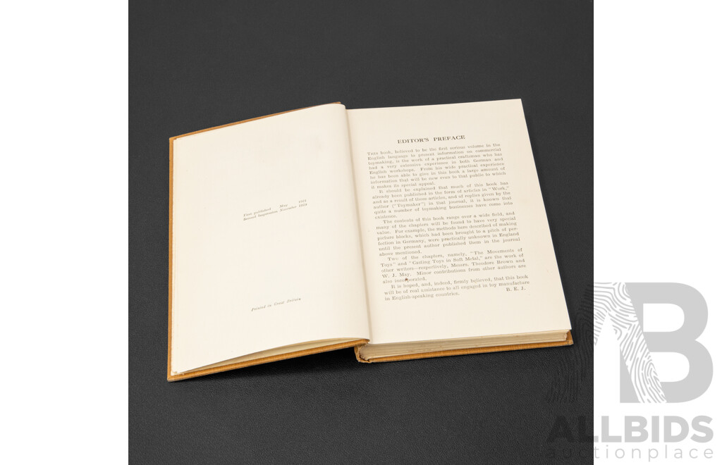 J. T Makinson (20th Century), Toy Manufacture, Hardcover Second Edition (Almost Antique) Book From Cassell's Workshop Series, (1929), Cassell and Company Ltd