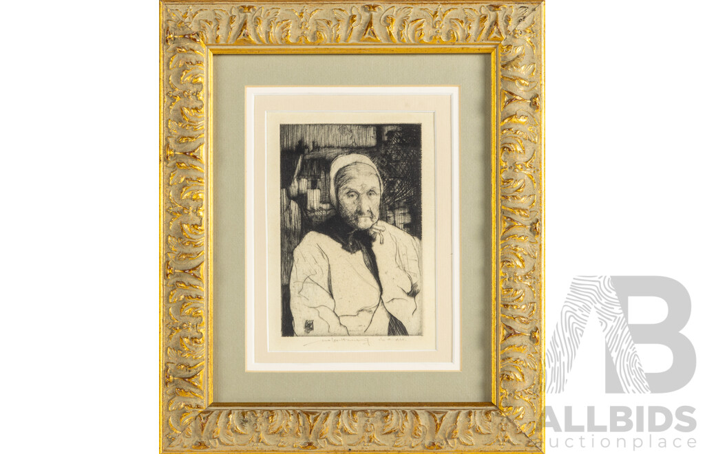 WM Lee-Hankey, (19/20th Centuries, British, 1869-1952), Antoinette Mere [A Flemish Mother], Antique Etching, 33H x 27W cm (frame)