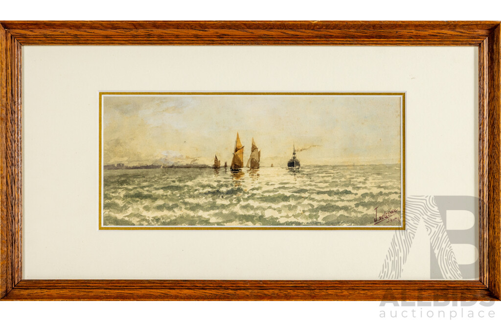 Jules Pierre (Jan) De Leener, (19th/20th Centuries, Belgian-Born Australian, 1873-1944), Coastal Mist with Trading Vessels, Lovely Antique Watercolour, 26H x 46W cm (frame)