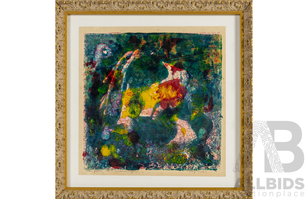 John Taylor, (20th Century, Australian, 1921-2012), the Yellow Bird (1967), Wonderful Original Signed Vintage Monotype, 33H x 33W cm (frame)
