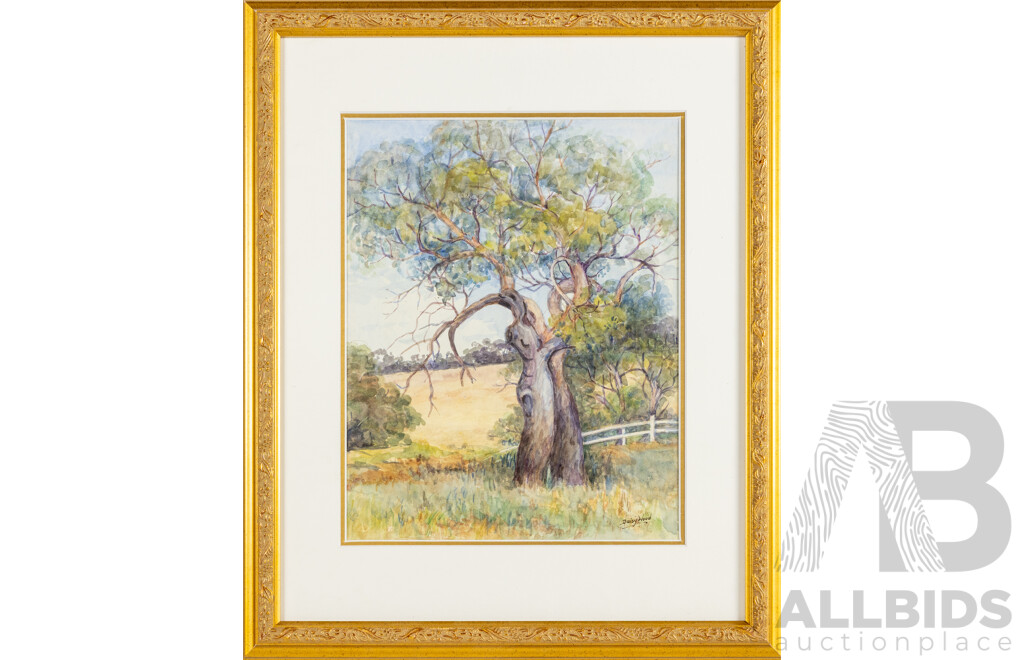 Daisy Wood (19/20th Centuries, Australian, 1894-?), Gum Tree, Original Vintage Watercolour, 56H x 46W cm (frame)