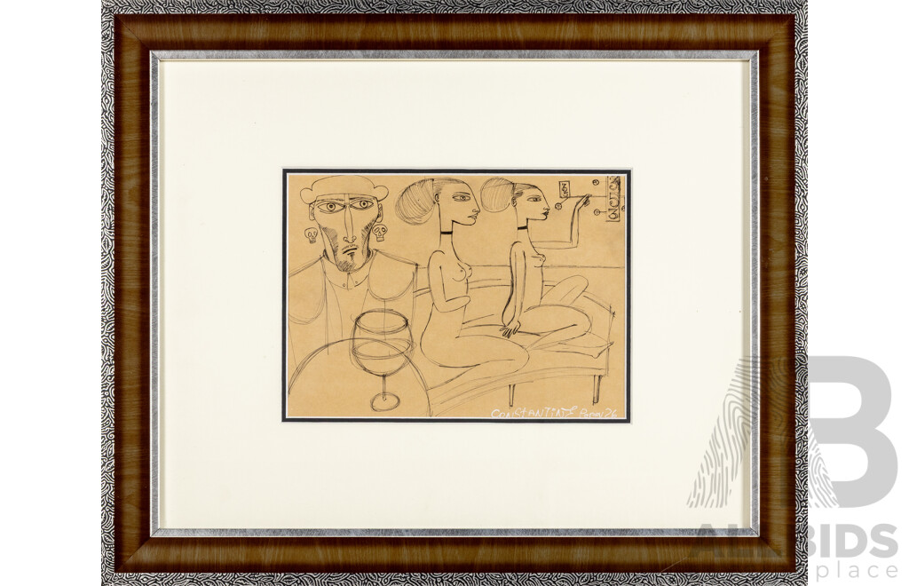 Constantine Popov, (20th Century, Russian-Australian, 1962-), Psychological Composition, Original Ink on Paper, 50H x 60W cm (frame)
