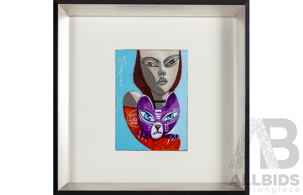 Constantine Popov, (20th Century, Russian-Australian, 1962-), Girl with Her Cat (2025), Wonderful Original Acrylic on Board, 35H x 35W cm (frame)