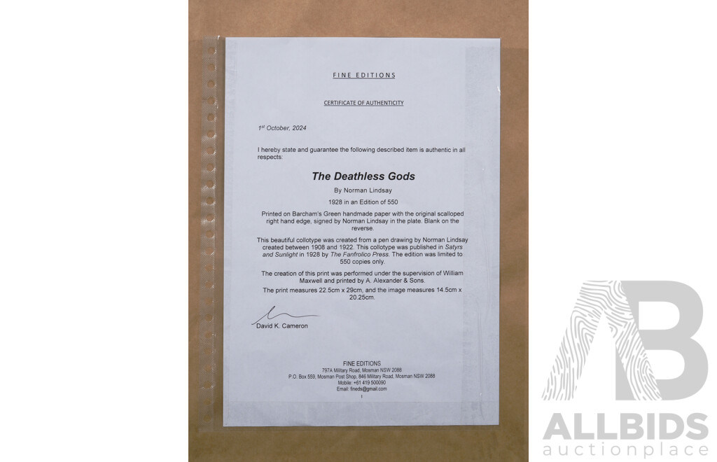 Norman Lindsay (20th Century, Australian, 1879-1969), the Deathless Gods, Collotype on Barcham's Green Handmade Paper with Original Scalloped Right Hand Edge, Limited Ed., 53 x 47 cm (frame)