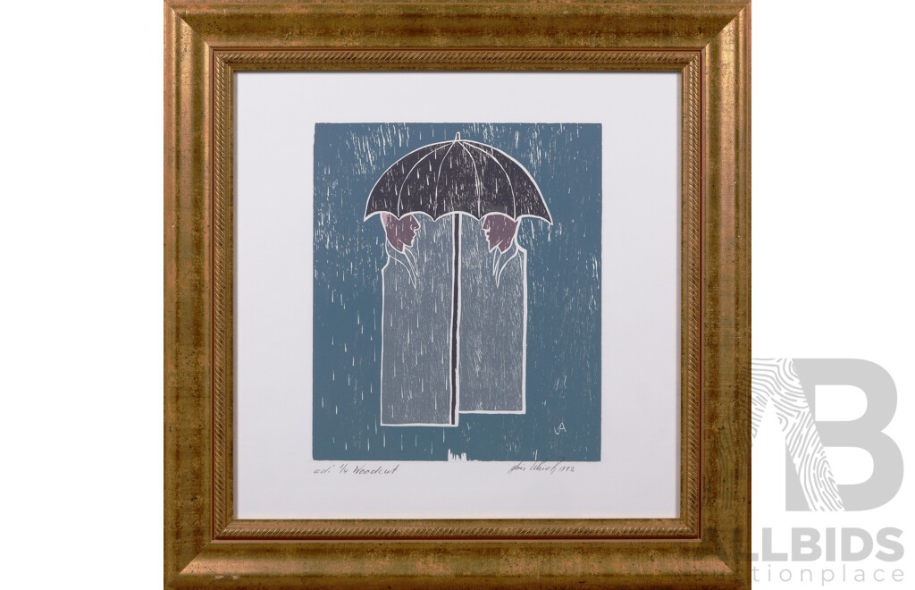 Alois Ulrich, (20th Century, Swiss, 1944-2017), Dialogue Under the Umbrella, Limited Edition, Hand Signed Woodcut, 51.5 x 51.5 cm (frame)