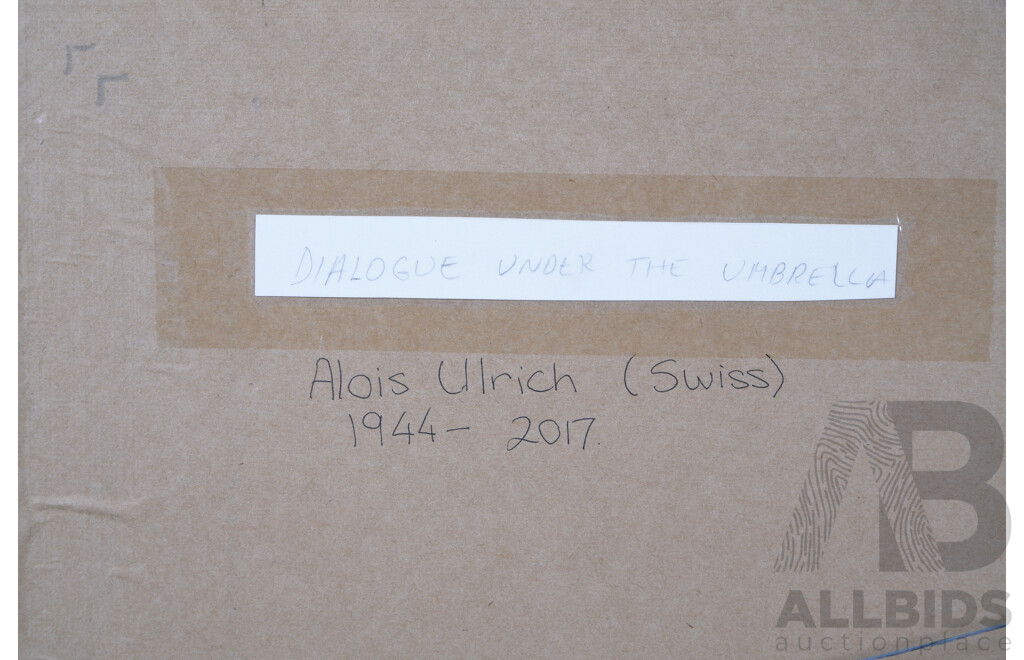 Alois Ulrich, (20th Century, Swiss, 1944-2017), Dialogue Under the Umbrella, Limited Edition, Hand Signed Woodcut, 51.5 x 51.5 cm (frame)