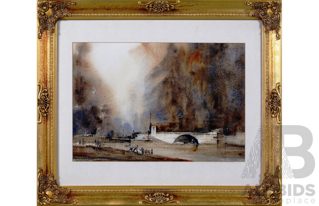 George Marler, (Australian,1879-1960), Building Bridges. Pencil and Watercolour, 56 x 67 cm (frame)