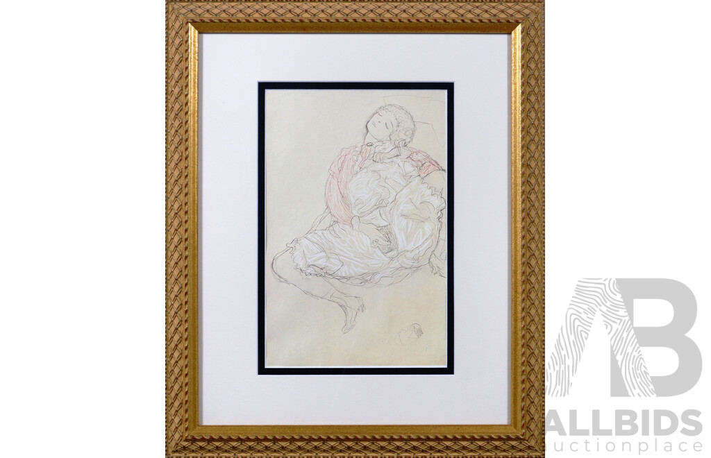 Gustav Klimt, (Austrian, 1862-1918), Reclining Figure Facing Left, (1913), Reproduction Print of Original Lead & Coloured Pencil Drawing, 58 X 48 Cm (frame)