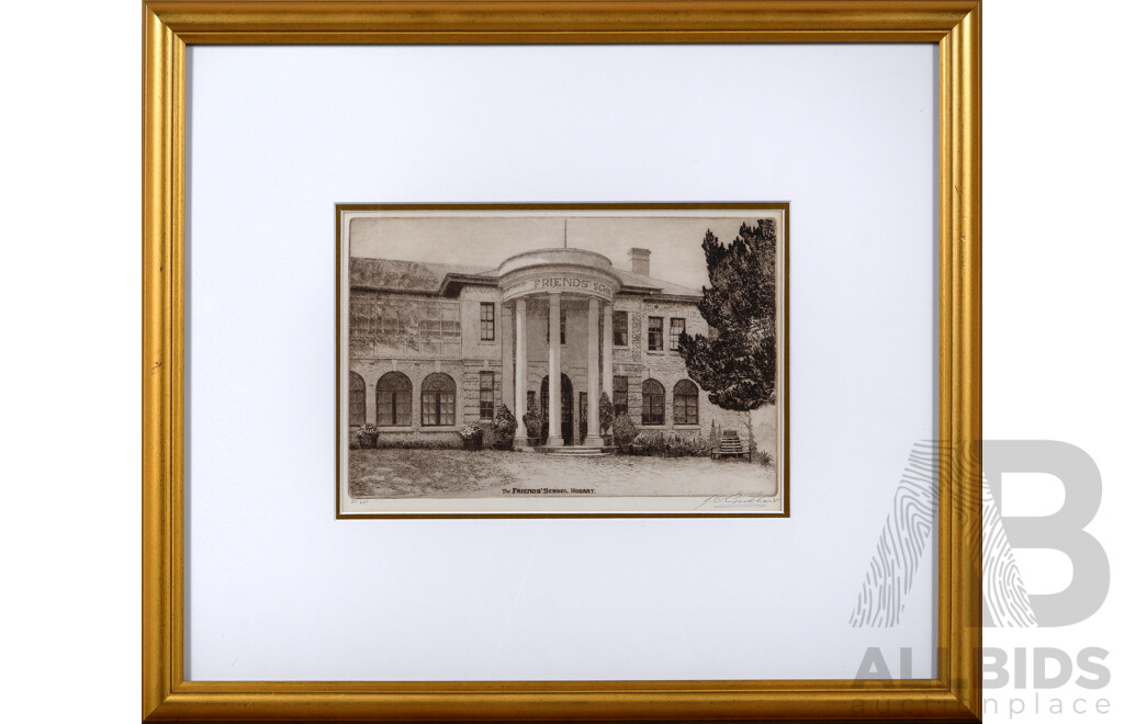 Joseph Christian Goodheart, (Australian, 1875-1952), The Friend's School, Hobart, Etching, 50 x 57 cm (frame)