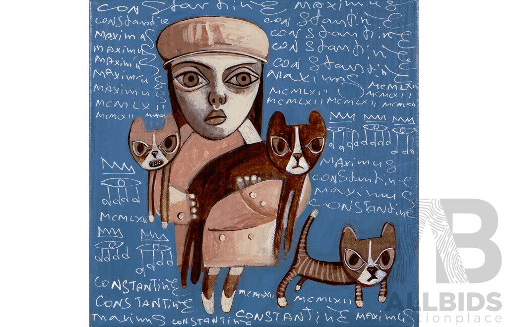 Constantine Popov, (20th Century, Russian-Australian, 1962-), Portrait of Girl with Her Three Cats (2024), Oil on Canvas, 25.5 x 25.5 cm