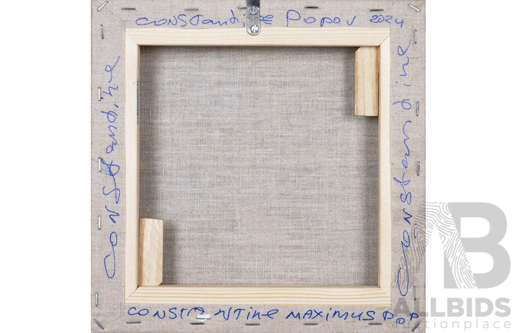 Constantine Popov, (20th Century, Russian-Australian, 1962-), Portrait of Girl with Her Three Cats (2024), Oil on Canvas, 25.5 x 25.5 cm