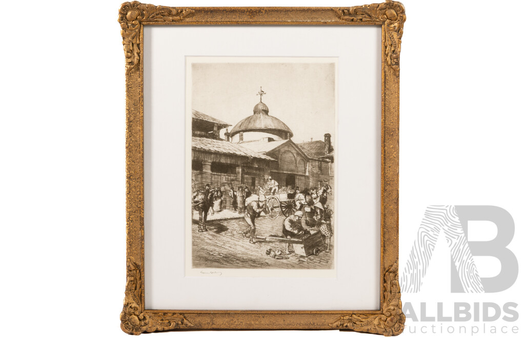 Sir Lionel Arthur Lindsay (19th/20th Centuries, Australian, 1874-1961), George Street Market, Sydney, Limited Edition Giclee Print of Original Etching From 1914, 33 x 28 cm (frame)