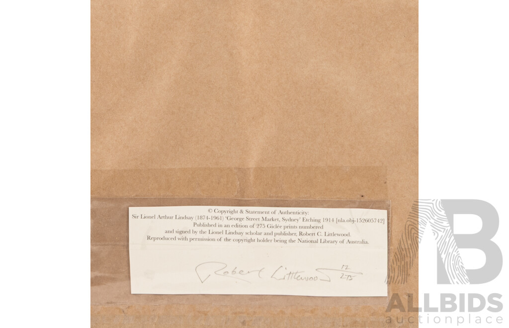 Sir Lionel Arthur Lindsay (19th/20th Centuries, Australian, 1874-1961), George Street Market, Sydney, Limited Edition Giclee Print of Original Etching From 1914, 33 x 28 cm (frame)