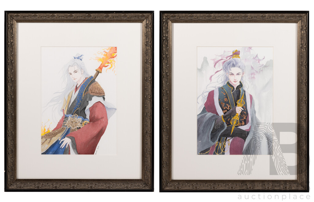 Athena Kim, (20th Century, Australian), Ancient Warriors I & II, Pencil & Watercolour, 48 x 39 cm (frames) (2)