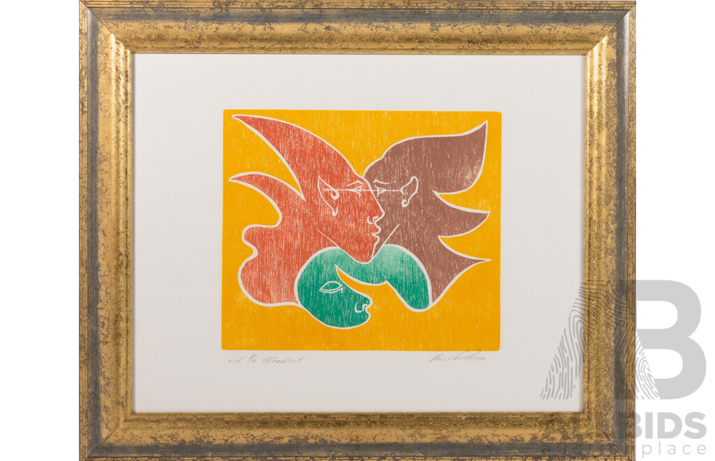 Alois Ulrich, (Swiss, 1944-2017), Three Faces, Hand Signed and Limited Edition 1 of 4 Colour Woodcut, 49 x 59 cm (frame)