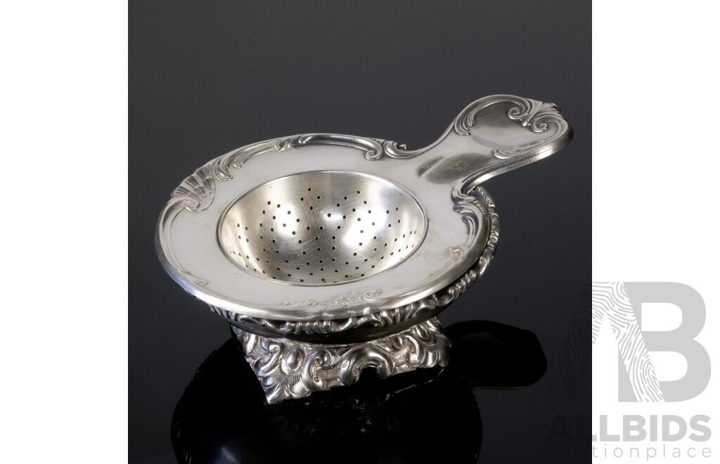Vintage Austrian .835 Silver Tea Strainer with Under Bowl with Repousse Base