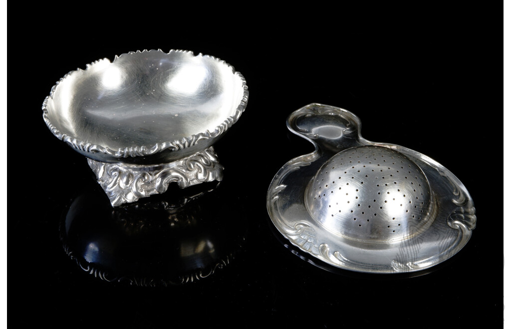 Vintage Austrian .835 Silver Tea Strainer with Under Bowl with Repousse Base