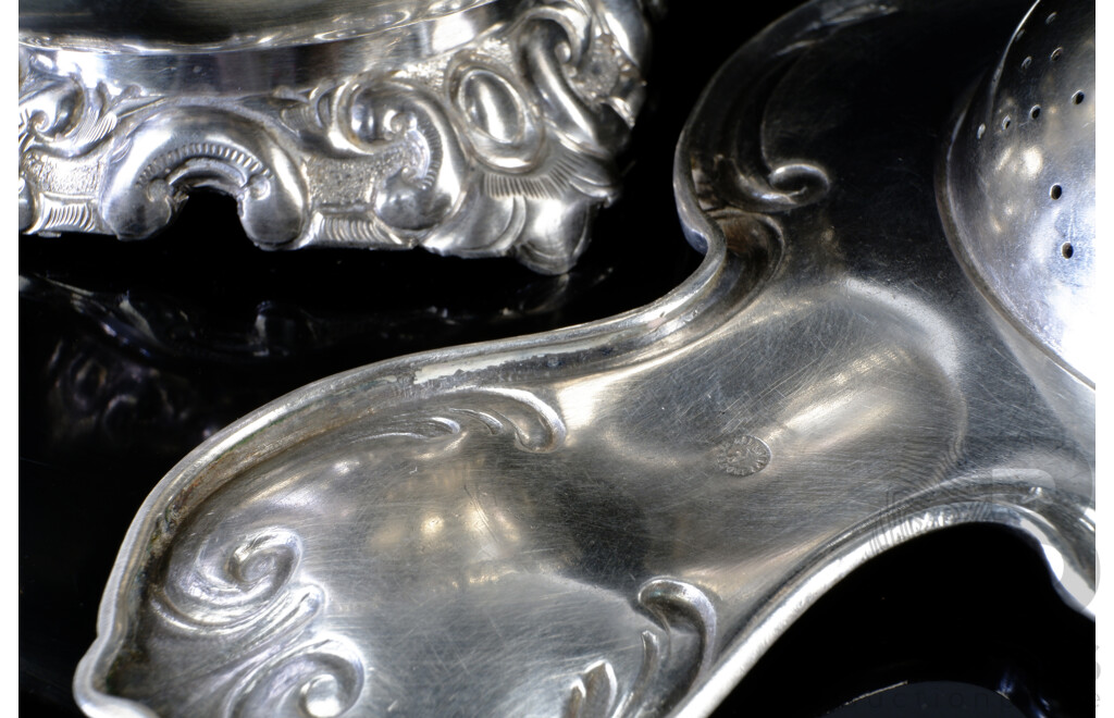 Vintage Austrian .835 Silver Tea Strainer with Under Bowl with Repousse Base