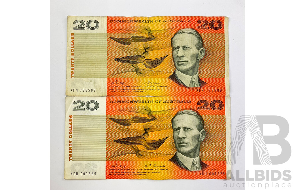 Two Australian 1968 COA Twenty Dollar Banknotes, R403 Phillips/Randall