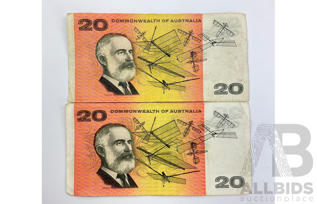Two Australian 1968 COA Twenty Dollar Banknotes, R403 Phillips/Randall