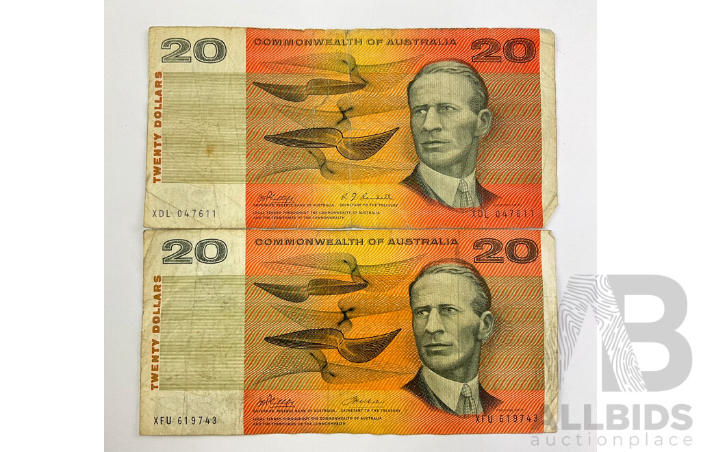 Two Australian 1968 COA Twenty Dollar Banknotes, R403 Phillips/Randall