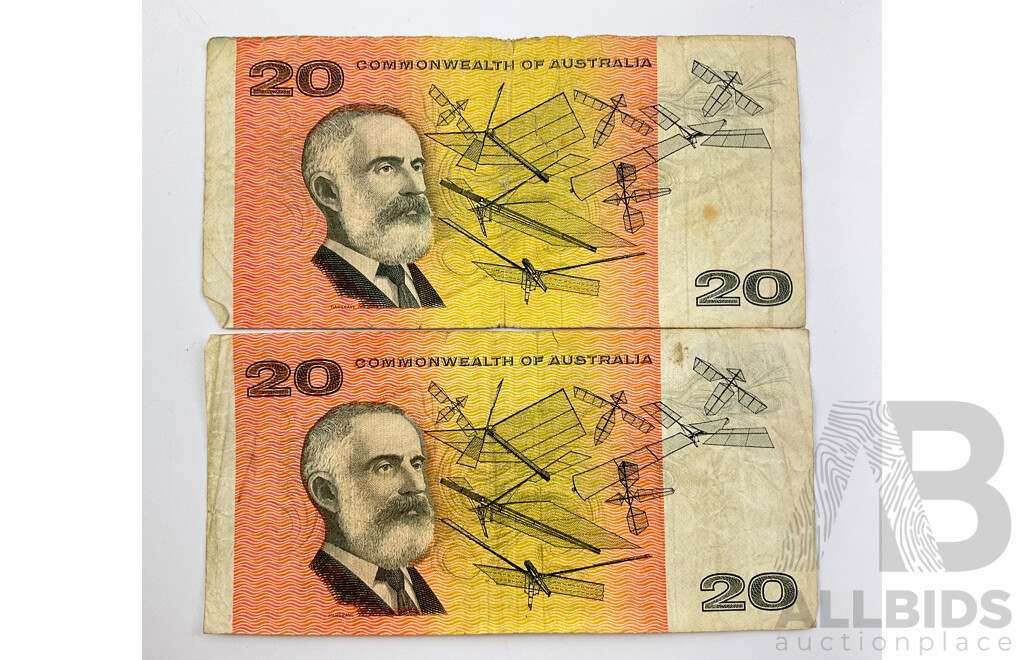 Two Australian 1968 COA Twenty Dollar Banknotes, R403 Phillips/Randall