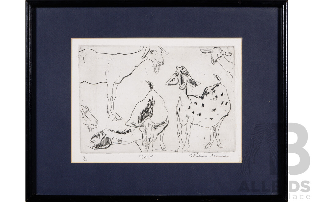 William Francis (Bill) Robinson, (20th Century, Australian, 1936-), Goats, Etching, 17 x 24.5 cm (image)