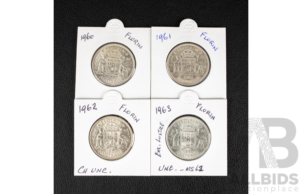 Four Australian High Grade QE2 Silver Florins Including 1961, 1962, 1963, 1964  .500