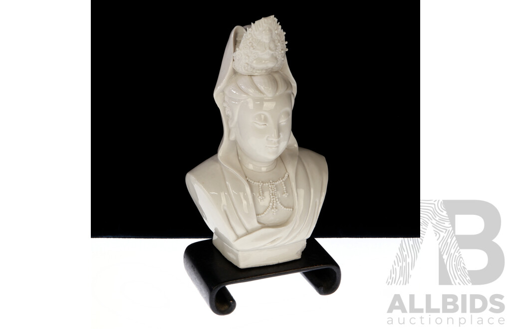 Chinese Blanc De Chine Porcelain Female Bust on Wooden Stand