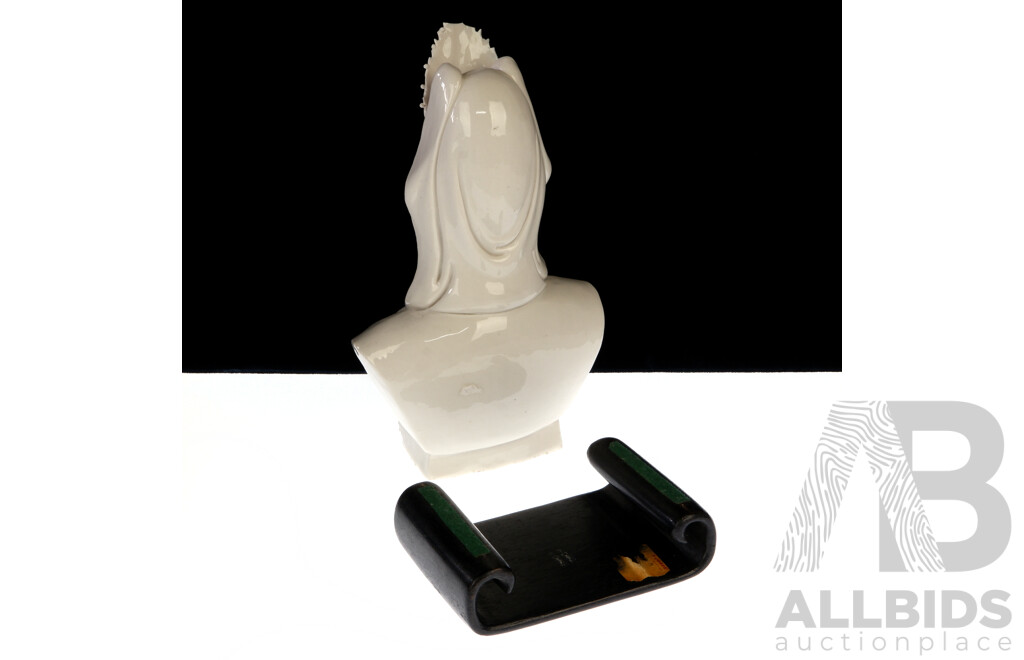 Chinese Blanc De Chine Porcelain Female Bust on Wooden Stand