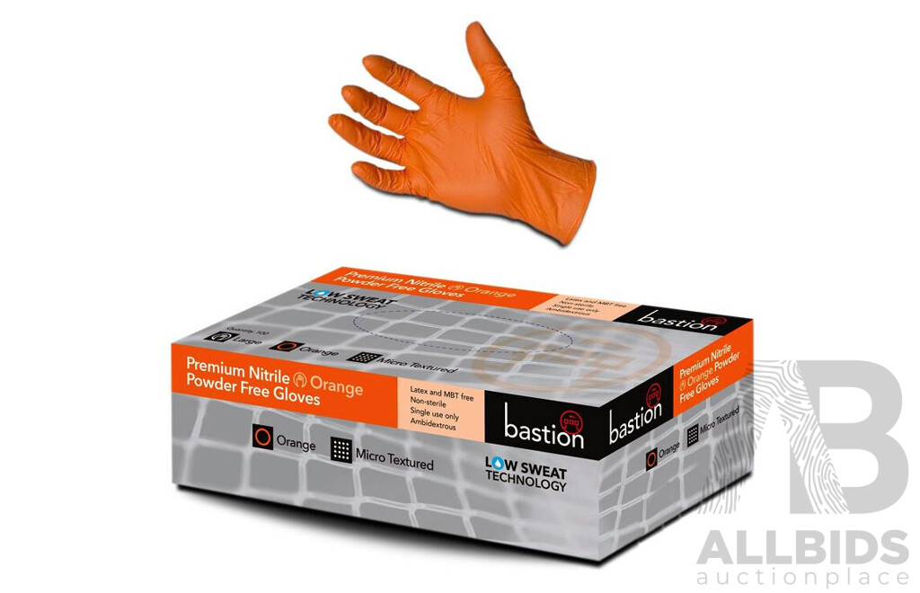 Bastion Premium Nitrile Orange Powder-Free Gloves - Large Size (100 Pack) - Lot of 10
