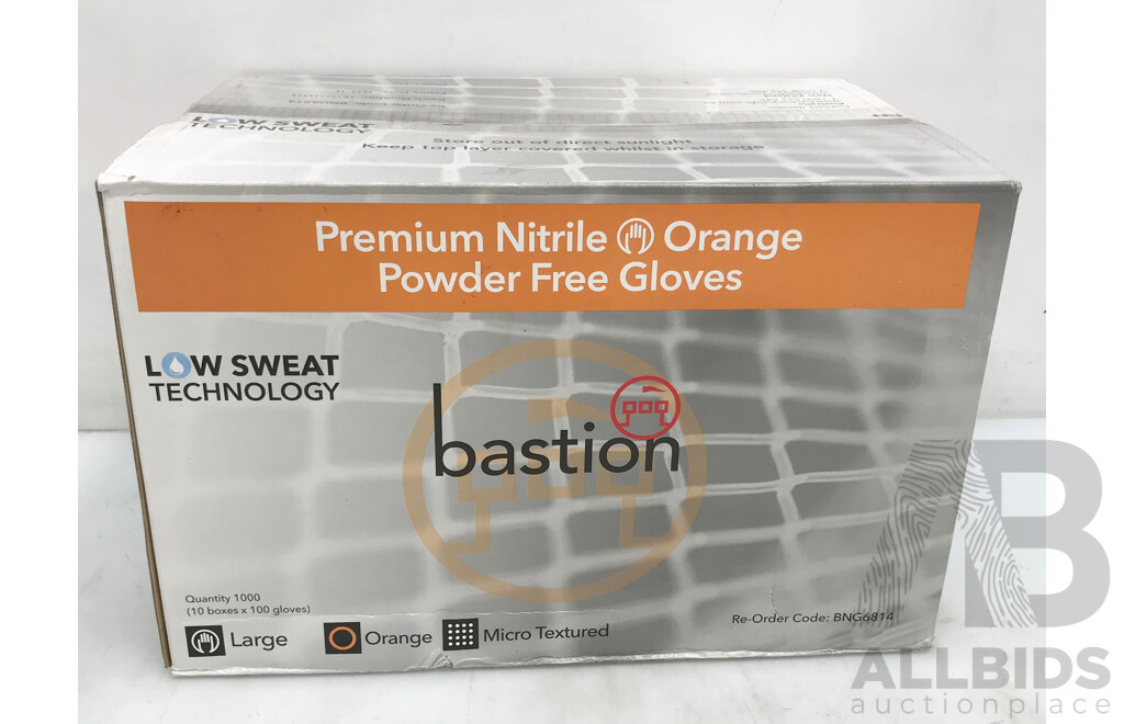 Bastion Premium Nitrile Orange Powder Free Gloves - Large Size (100 Pack) - Lot of Ten