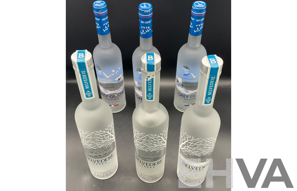 Grey Goose Vodka 700ml (x3) & Belvedere Vodka 700ml (x3) - Lot of 6 - ORP $479.00