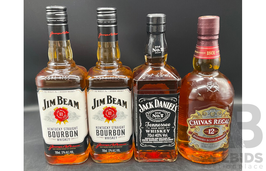 Jim Bean Bourbon Scotch 700ml (x2), Jack Daniels Whiskey 700ml & Chivas Regal Blended Scotch Whisky 700mL - Lot of 4 - ORP $179.00