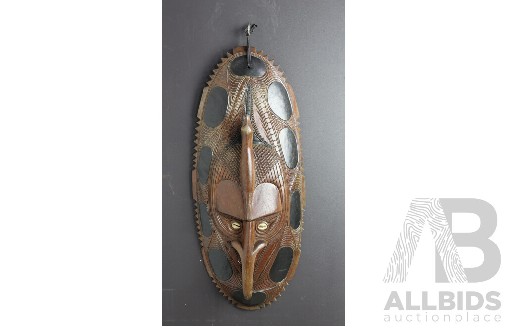 Large Hand Carved Papua New Guinea Sepik River Wooden Display Mask with Polychrome Decoration and Cowrie Shell Eyes