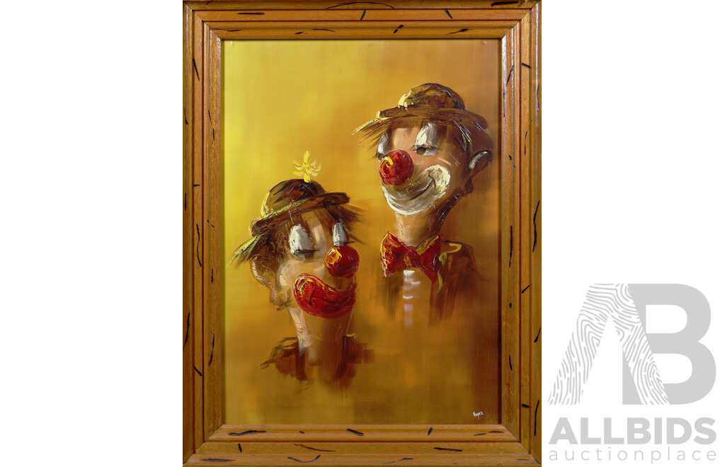 Hayes, (20th Century), Laughing Clowns, Acrylic on Masonite Board, 79 x 61 cm (frame)