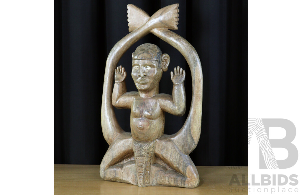 Hand Carved Papua New Guinea Wooden Double Ancestor Figure with Incised Detail to Loincloth