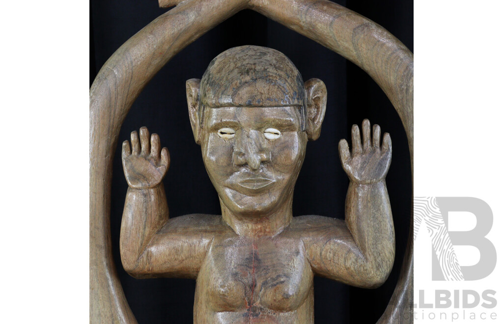 Hand Carved Papua New Guinea Wooden Double Ancestor Figure with Incised Detail to Loincloth