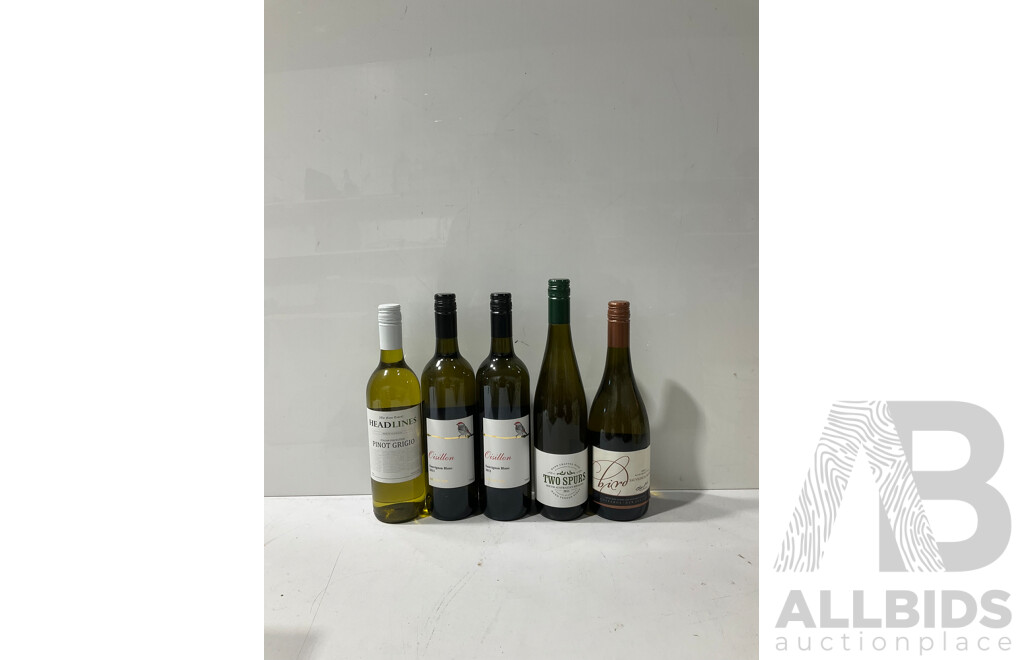 Collection of Five Bottles of Different White Wines Including Oisillon Sauv Blanc, Two Spurs Riesling and More