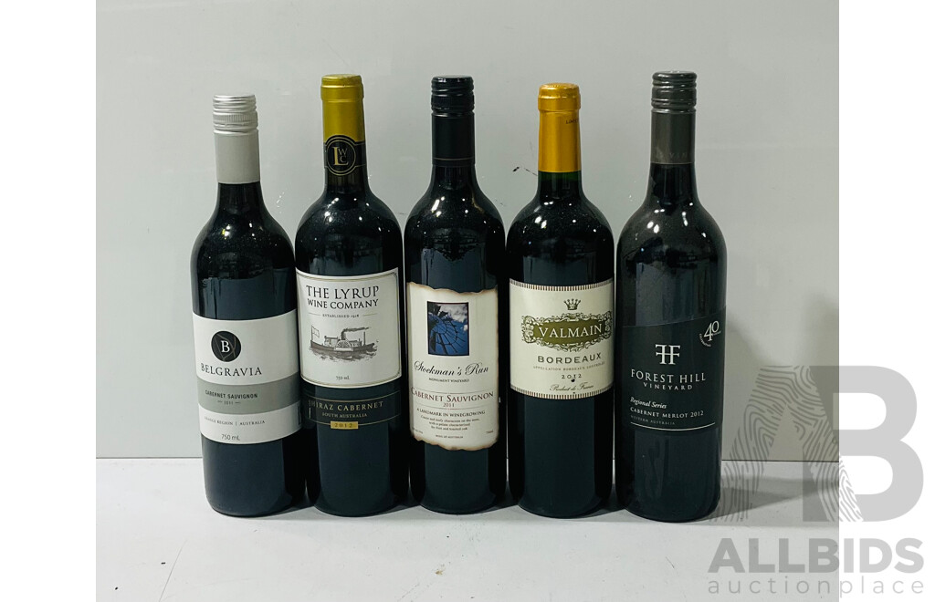 Collection of Five Bottles of Different Reds Including Forest Bill Cabernet Merlot, Belgravia Cabernet Sauvignon and More
